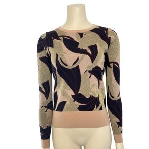 Ann Taylor Wool Blend Metallic Gold Leaf Print Sweater Women‎ Size XS